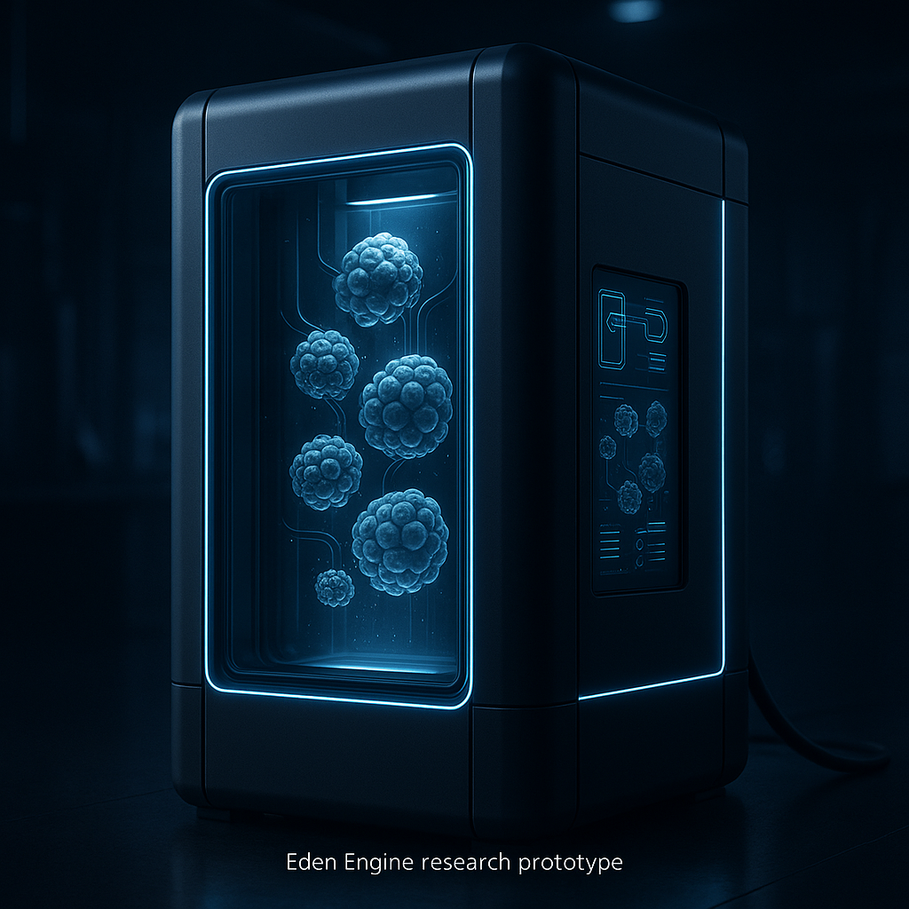 Eden Engine prototype reactor showing illuminated chamber and early structural growth concepts